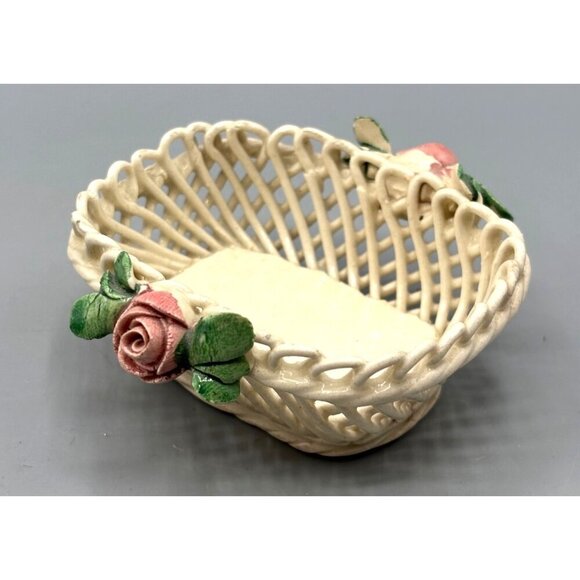 Vtg Italian Ceramic Lattice Basket Pink Rose Trinket Ring Dish Decor - Picture 1 of 7